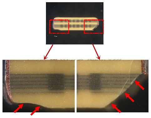 從破裂的現(xiàn)象與電容廠商切片的照片看來(lái)，破裂的痕跡從端接處以斜角裂開，電容零件的確像是機(jī)械外應(yīng)力所造成的破裂。