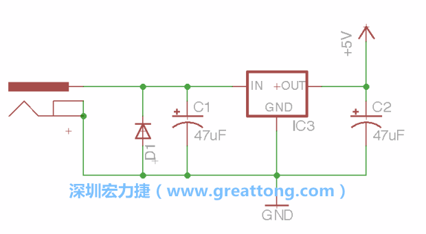 新增RBBB→Power_Jack，將它放在電壓調整器的輸入端旁邊。