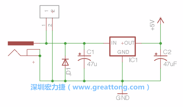 2.5.    新增一個二極體，它會以水平的狀態出現在屏幕上，請使用「旋轉（Rotate）」工具把它負極那一面朝上，并且用「網絡連接」工具將它連接在電壓調整器的輸入端和接地端之間。