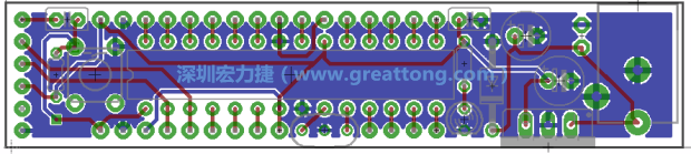 第二篇文章則帶領你進行電路板上的布線、連結點的配置，并利用「設計規則檢查（Design Rule Check）」測試你的設計，第二篇文章的電路板設計圖將如下所示：